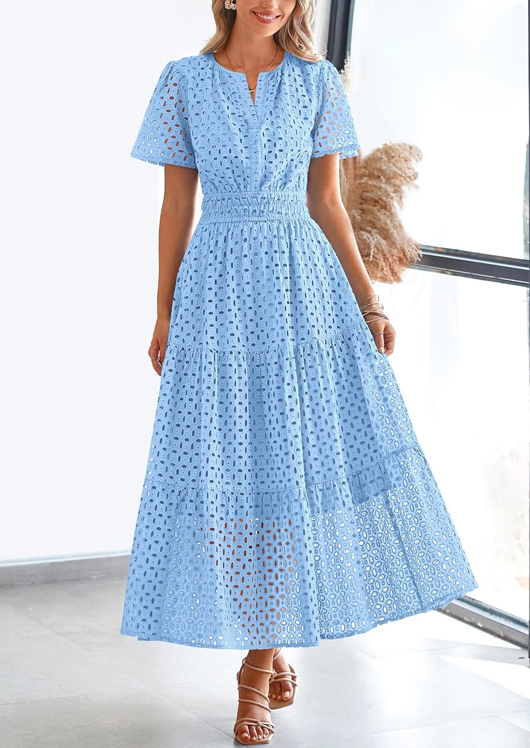 NEU 🔥Damen 2025 Sommer Maxikleid Kurzarm V-Ausschnitt Aushöhlung Ösen A-Linien-Kleider