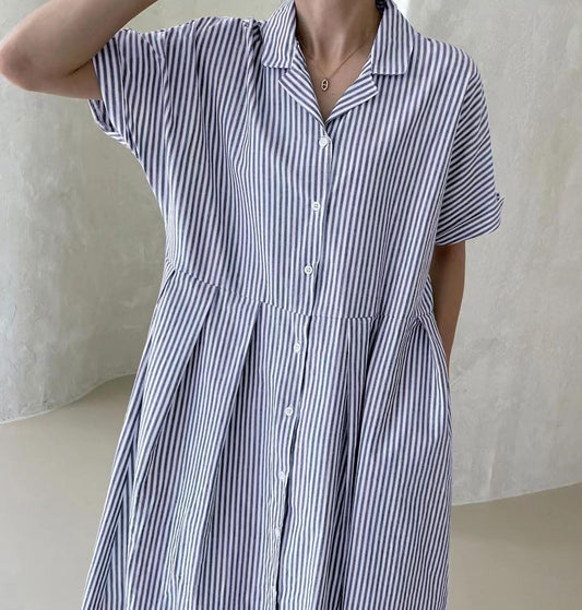 Damen Baumwoll-Streifenhemdkleid Durchgeknöpft Kurzarm Midi Langes Shiftkleid mit Taschen (Beim Kauf von 2 kostenfreier Versand)