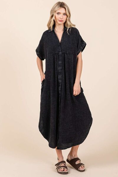 Robe chemise mi-longue boutonnée à col en V, délavage minéral Mittoshop