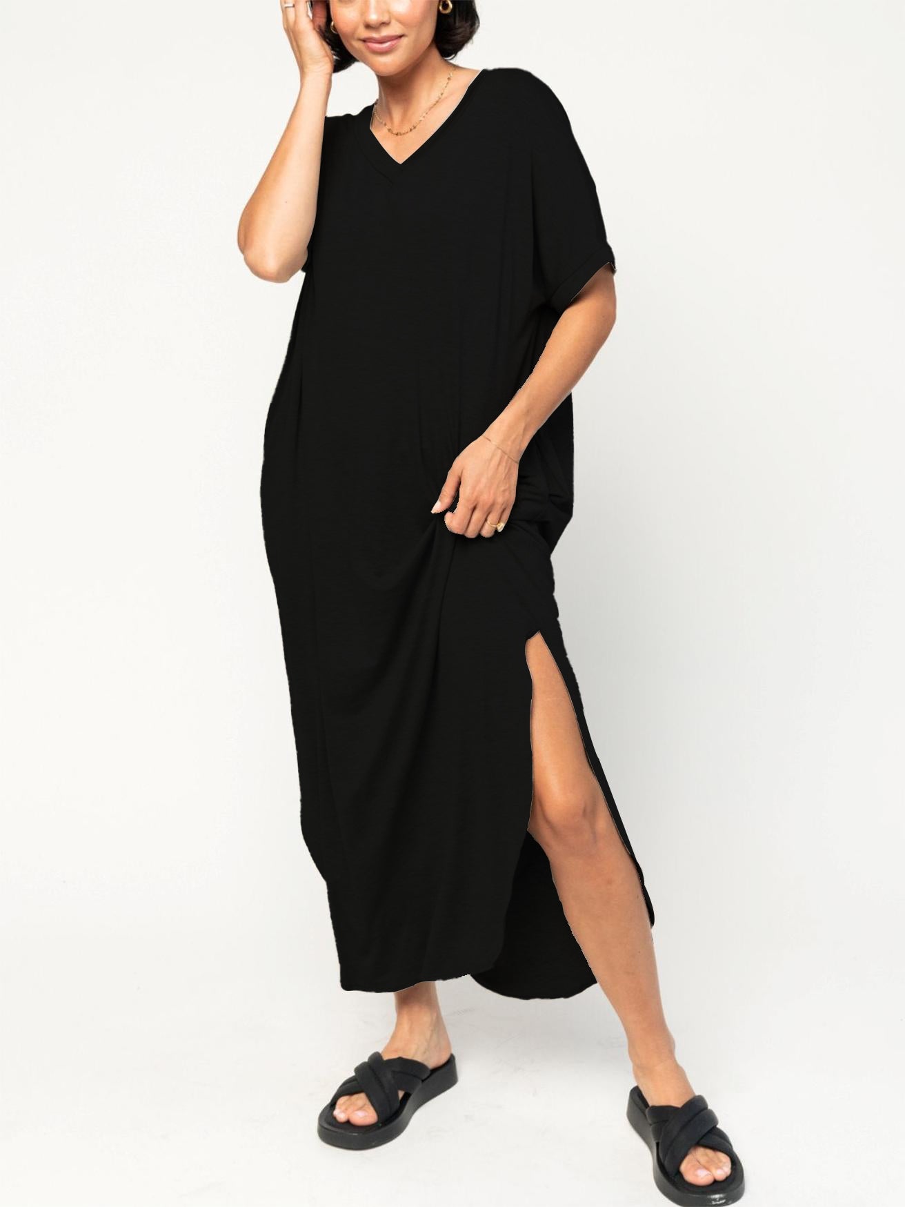 Damen Oversize V-Ausschnitt Split T-Shirt-Kleid (2 kaufen, kostenloser Versand)