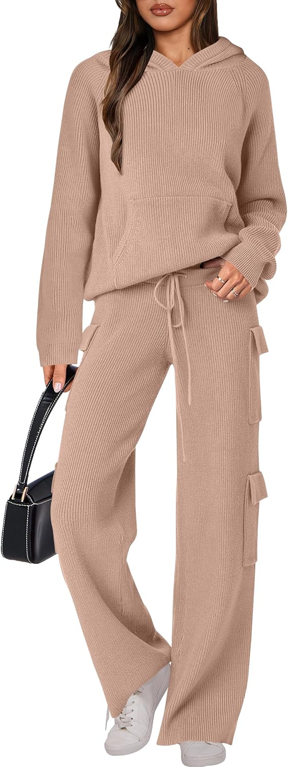 🎄Weihnachts-SALE 🔥 Zweiteilige Outfits für Damen Lässiger Kapuzenpullover Strick Gerades Bein Hosen-Set