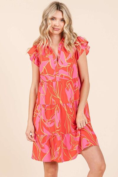 Mini-robe étagée à imprimé feuilles et manches à volants Mittoshop