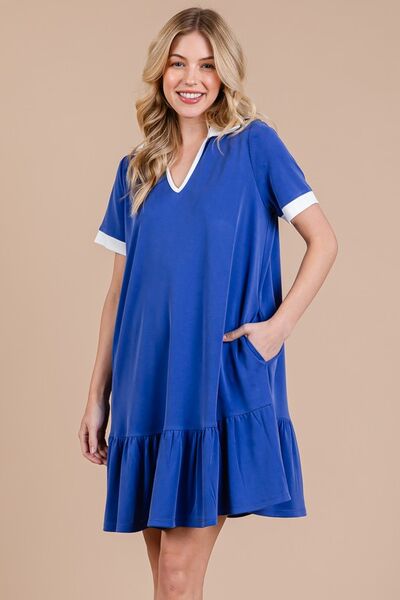 Robe courte à col Johnny et ourlet volanté pour femme Ces