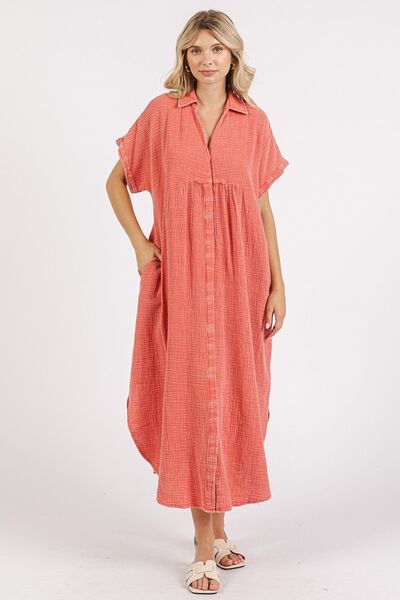 Robe chemise mi-longue boutonnée en coton délavé à col en V Mittoshop