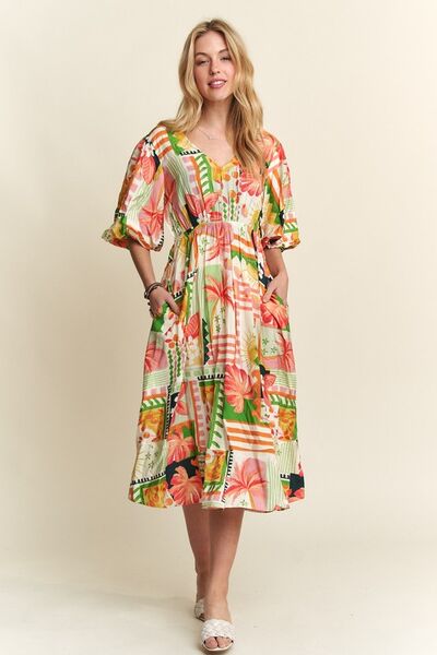 ADORA Florales Midi-Kleid mit V-Ausschnitt und Puffärmeln