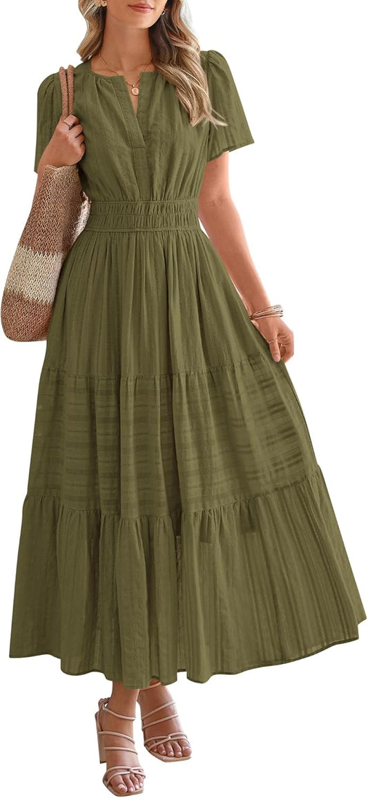 HEISSER VERKAUF Damen Sommer Leichte Kurzarm V Freizeit Midi Maxikleider