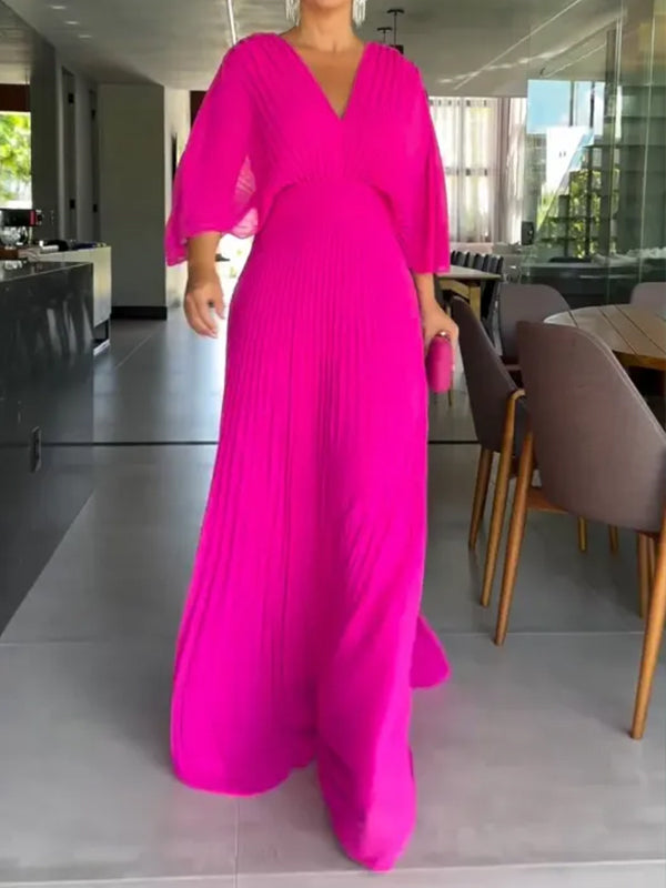 NEU🔥 V-Ausschnitt Chiffon Rückenbindeband Reißverschluss Fledermausärmel Kleid – Steuerfrei