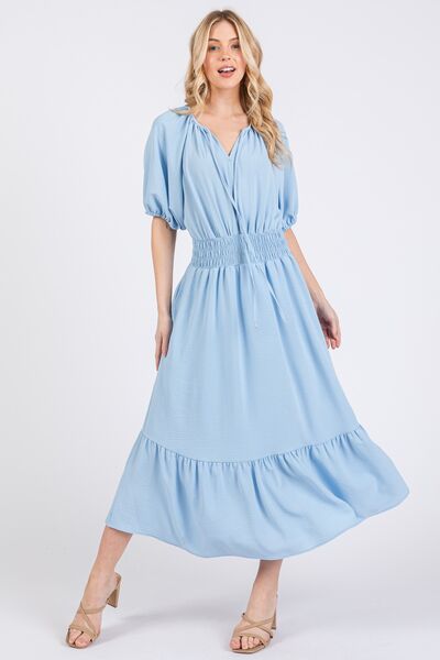 Ces Femme Gesmoktes Kleid mit elastischem Bund, Bindekragen und Puffärmeln