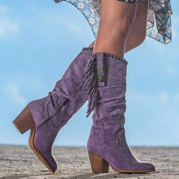 Bottes Hautes Frangées Vintage à Talons Carrés pour Femmes