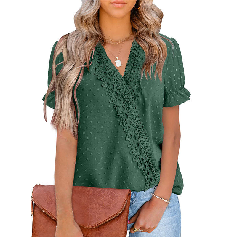 Chemise Chiffon Balle Dentelle Col V Manches Courtes