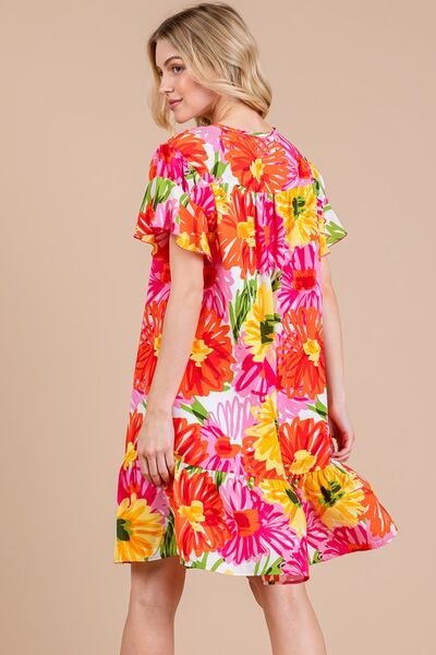 Ces Femme Geblümtes Rüschen-Kurzarmkleid