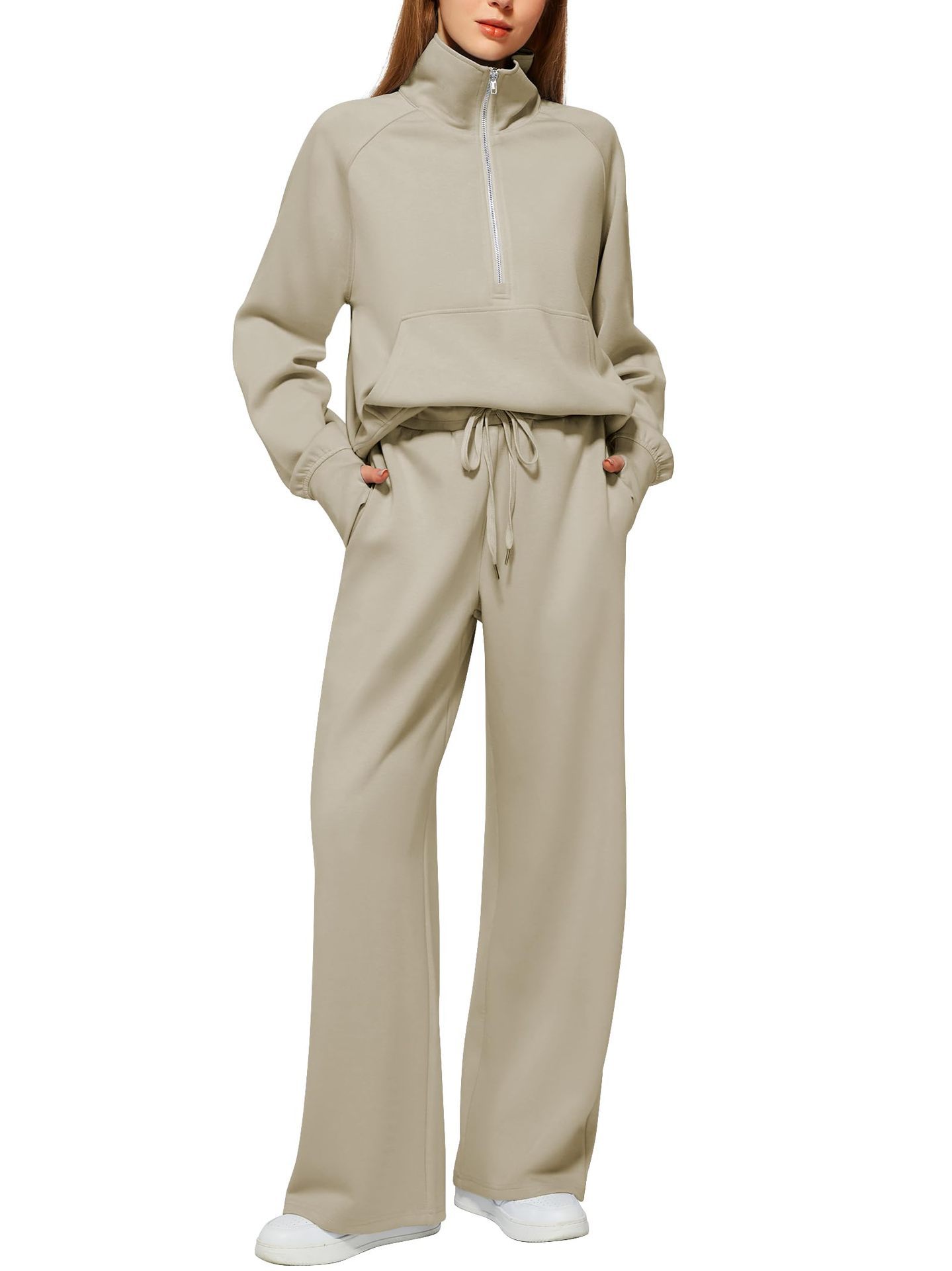 VENTE DE LIQUIDATION🔥 Ensemble deux pièces en coton de couleur unie avec demi-zip pour femme