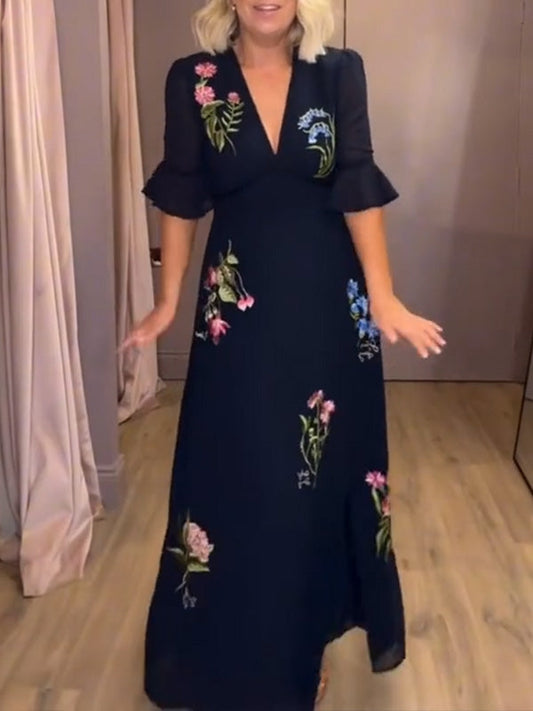 NEU🔥 V-Ausschnitt, geblümtes, besticktes Rüschenkleid – Steuerfrei