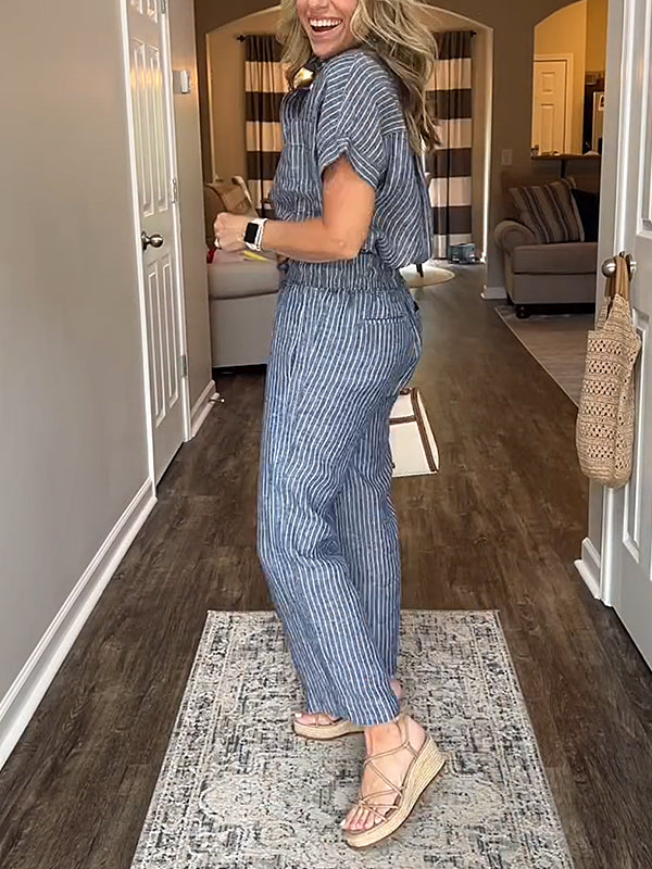⏰ DERNIER JOUR -50% 💥Ensemble chemise rayée classique en coton et lin avec poches