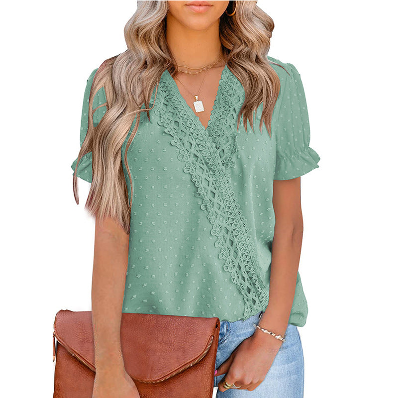 Chemise Chiffon Balle Dentelle Col V Manches Courtes
