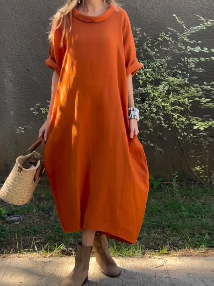 Robe décontractée unie en coton et lin pour femme