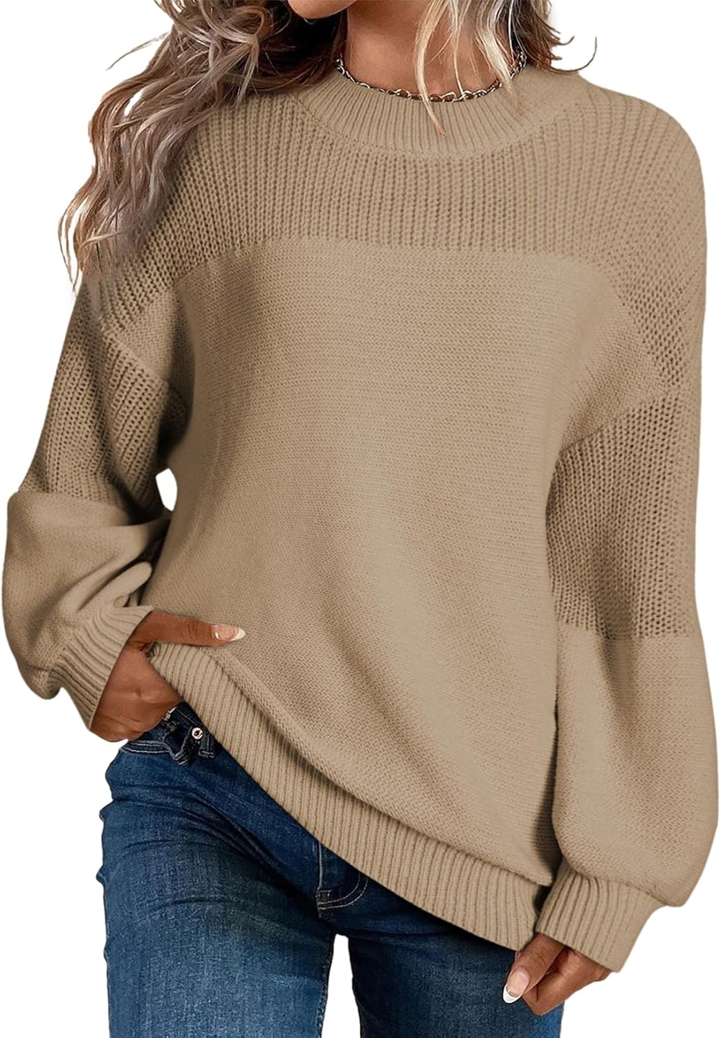 Pull décontracté à manches longues et col rond en tricot de couleur unie pour femme
