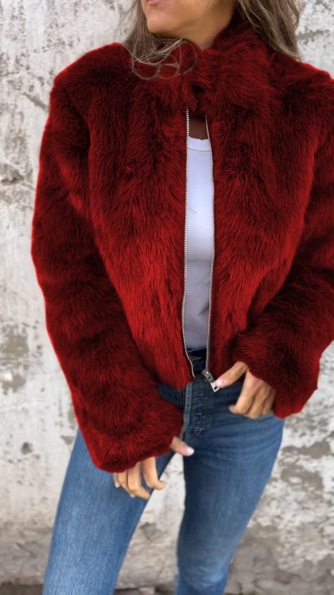 Veste décontractée zippée en fausse fourrure à col montant pour femme