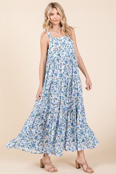 Mittoshop Geblümtes, gestuftes, ärmelloses Empire-Maxikleid