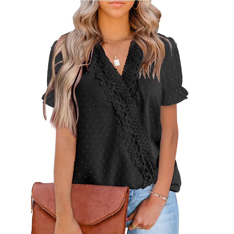 Chemise Chiffon Balle Dentelle Col V Manches Courtes