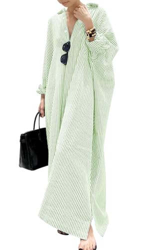 Damen Lässiges Langarm Button-Down Langes Gestreiftes Baumwoll-Hemdblusenkleid