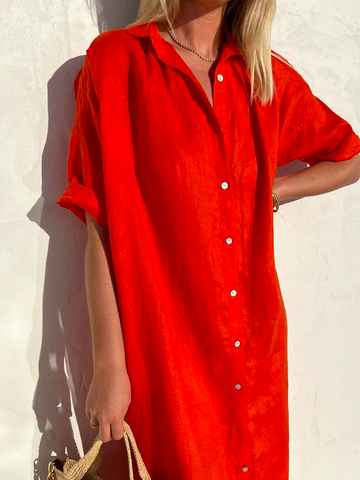 Damen Elegant Lässig Locker Halbarm Knopfleiste Vorne Halbarm Baumwoll-Leinen-Kleid