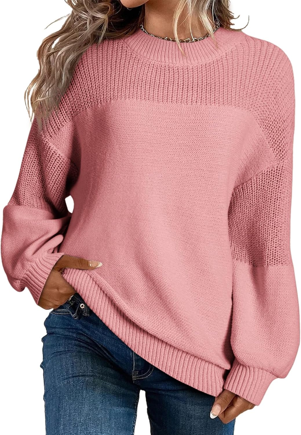 Pull décontracté à manches longues et col rond en tricot de couleur unie pour femme