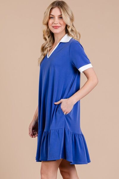 Robe courte à col Johnny et ourlet volanté pour femme Ces