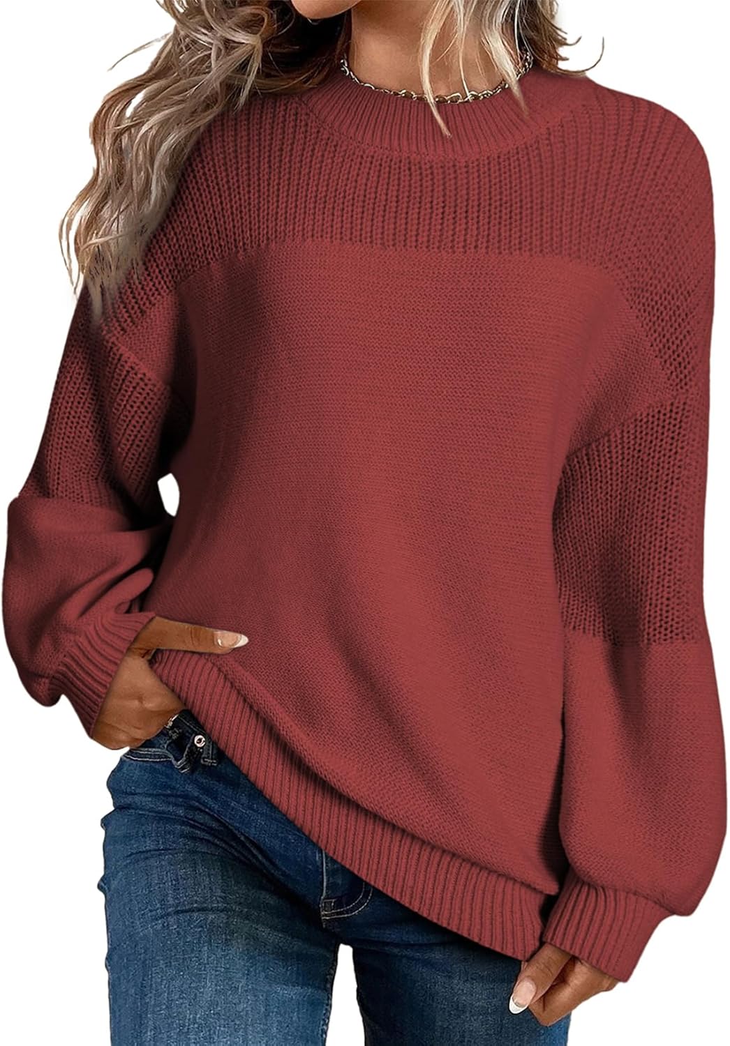 Pull décontracté à manches longues et col rond en tricot de couleur unie pour femme