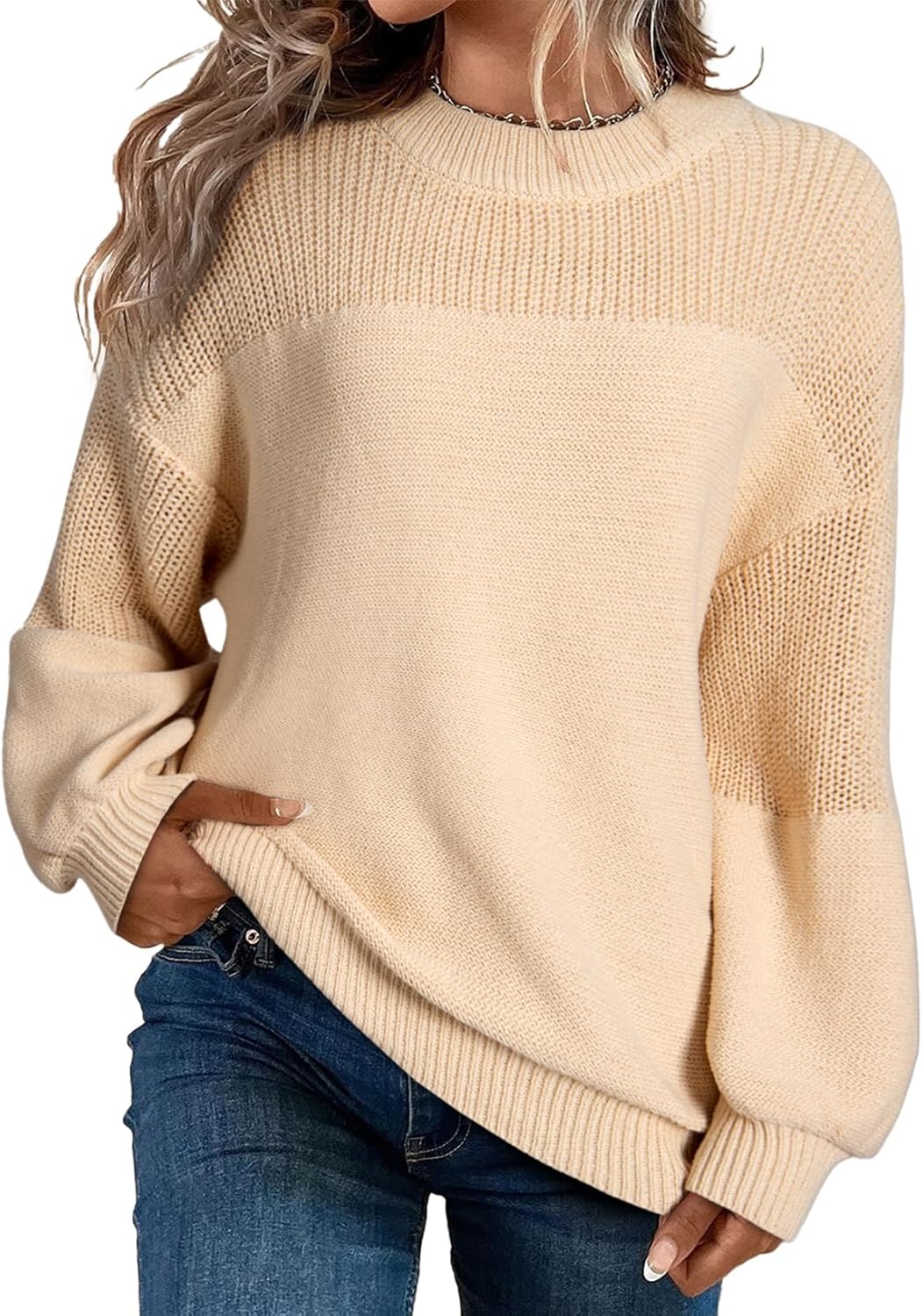 Pull décontracté à manches longues et col rond en tricot de couleur unie pour femme