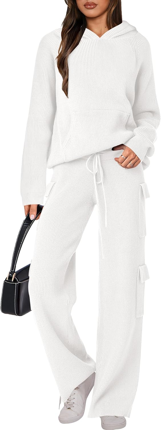 🎄 Destockage de Noël 🔥 Ensembles deux pièces femme : pull tricoté à capuche et pantalon droit décontracté