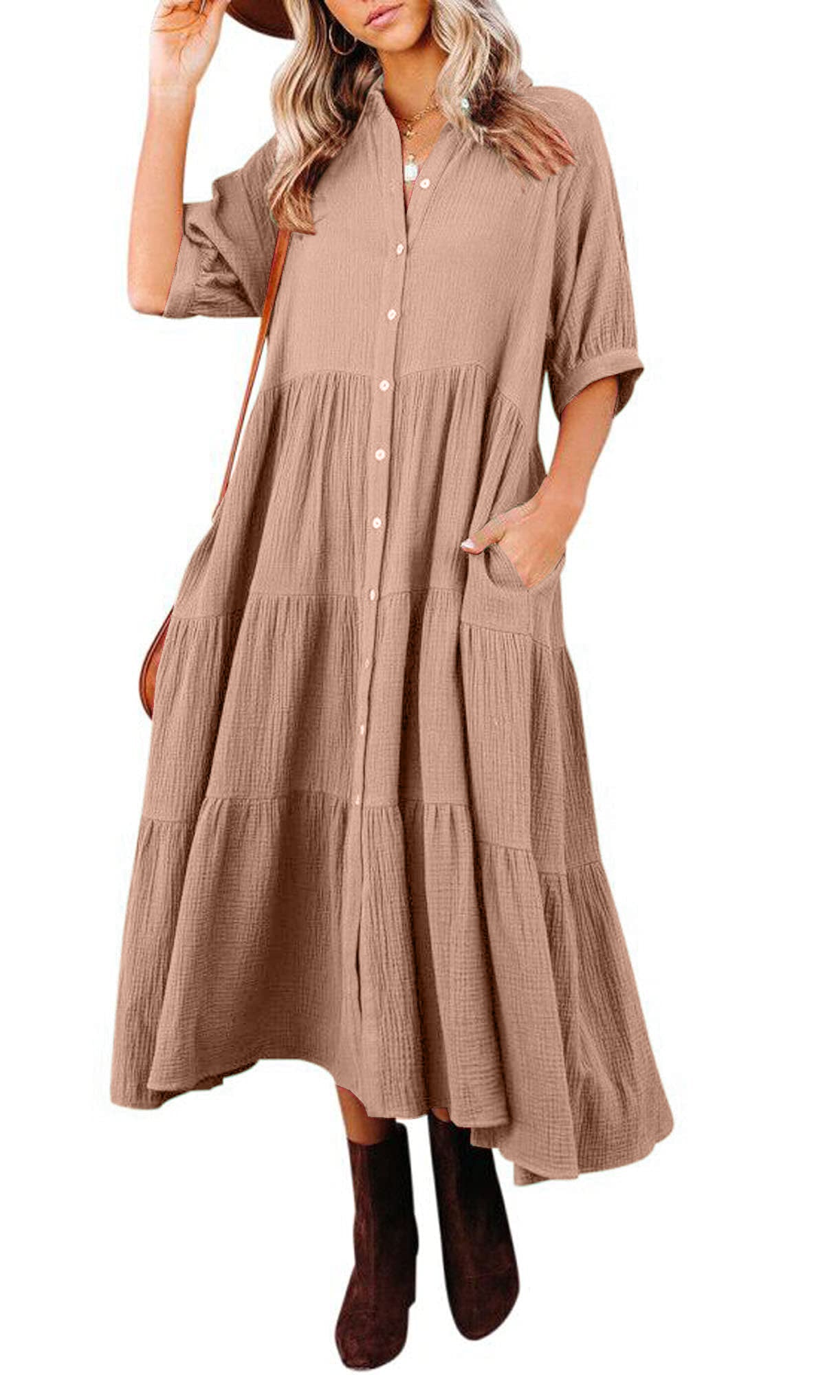 Robe longue évasée à volants et boutonnée pour femme, avec poches (2 achetées, livraison gratuite)