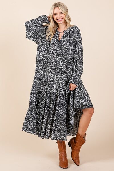 Mittoshop bedrucktes Midi-Kleid mit Bindekragen und Volantärmeln