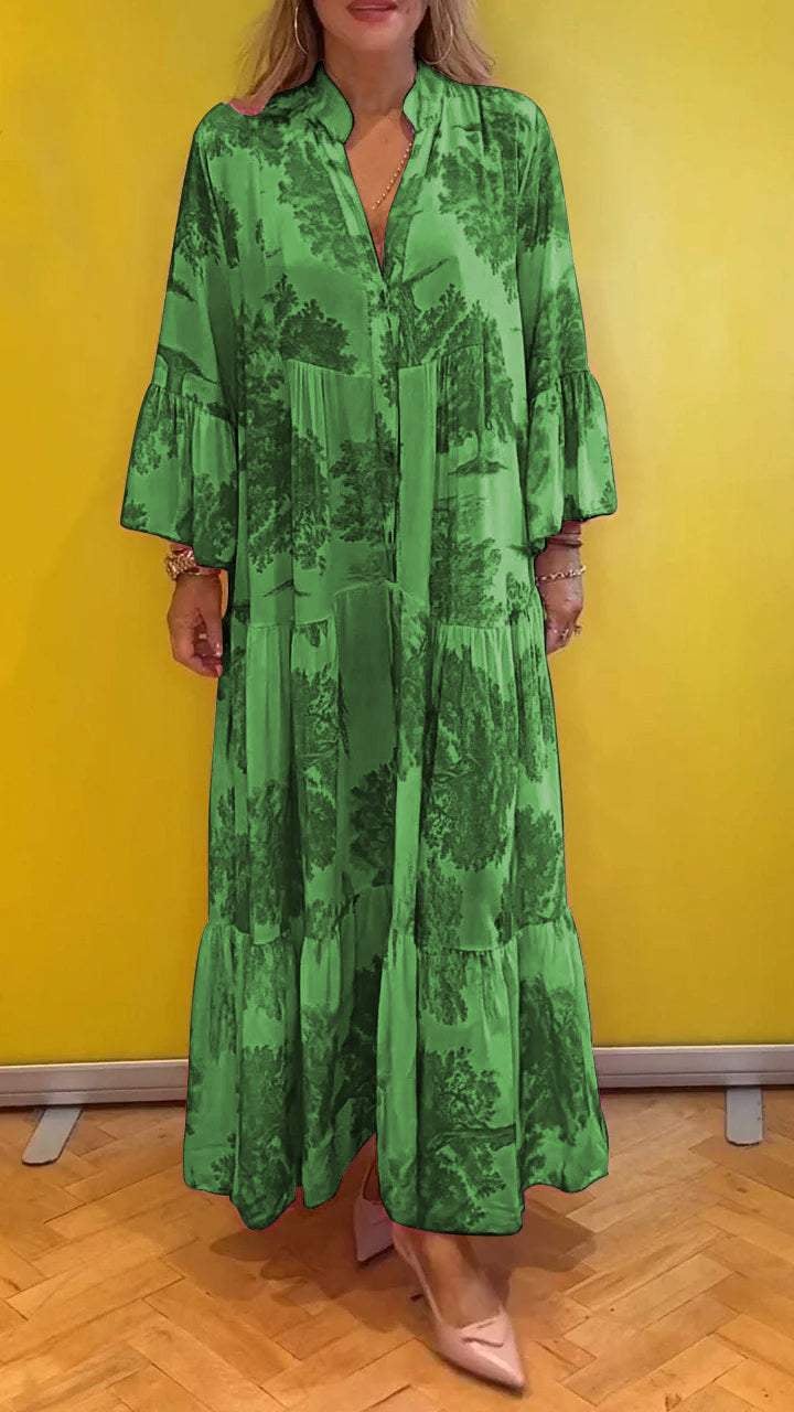 Robe d'été pour femme avec col en V et motif forêt Robe longue
