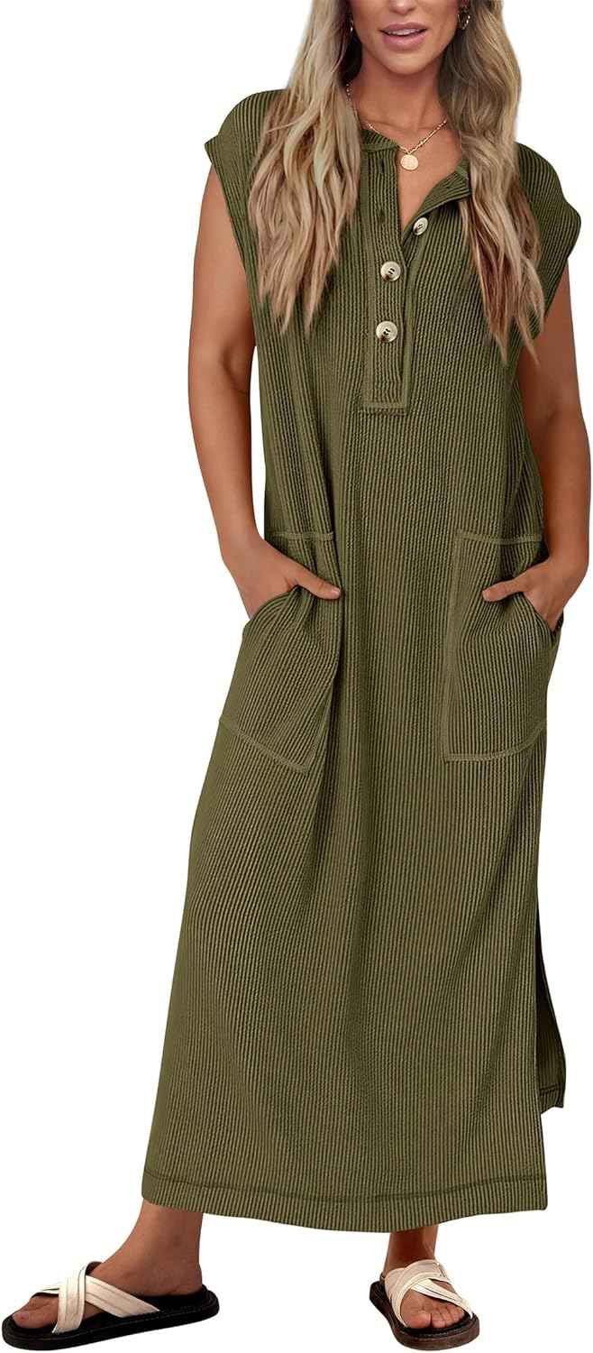 Robe longue fendue boutonnée Henley côtelée pour femme (achetez-en 2, livraison gratuite)