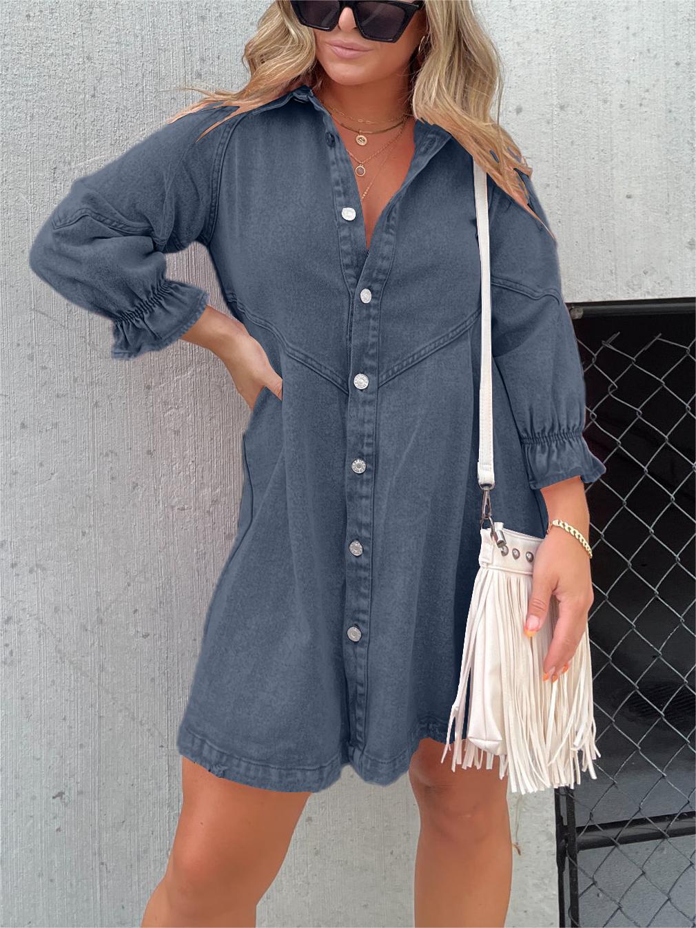 Nouvelle Robe en Jean Délavé à Manches Bouffantes (Achetez-en 2, Livraison Gratuite)