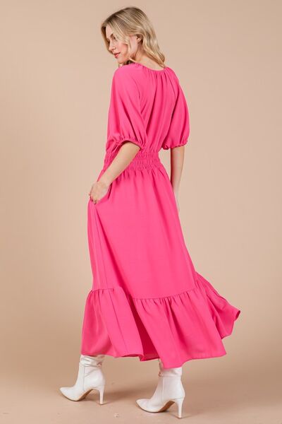 Robe Ces Femme à encolure nouée, manches bouffantes et taille élastiquée smockée