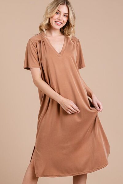 Ces Femme Midi-Kleid mit Seitenschlitz, kurzen Ärmeln und Taschen