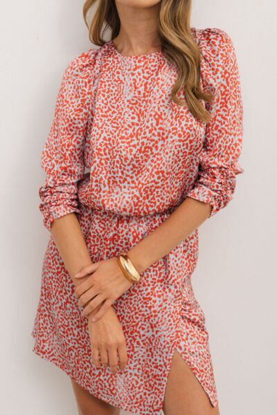 Robe Courte Imprimée à Encolure Ronde et Liens Fendue