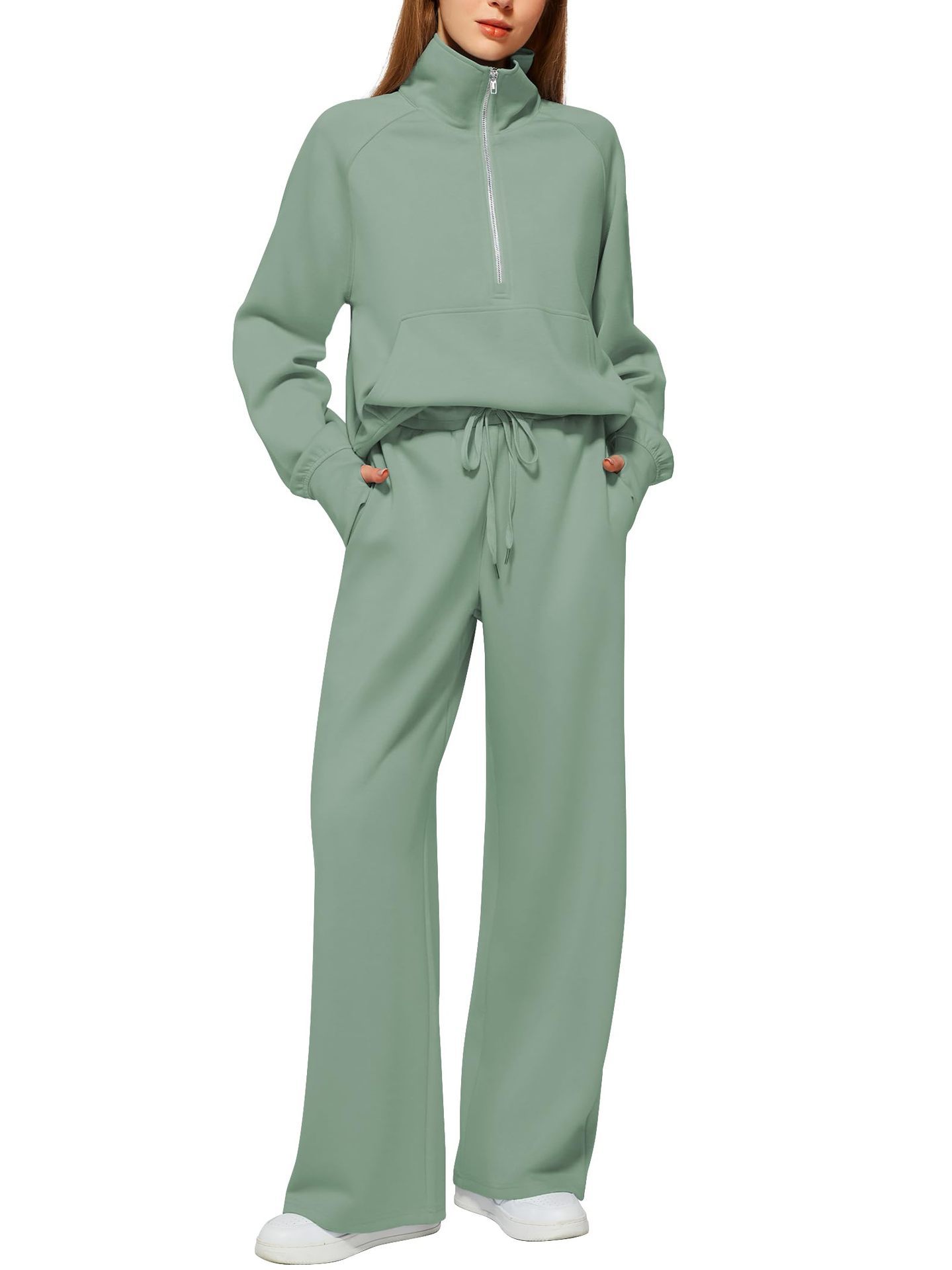 VENTE DE LIQUIDATION🔥 Ensemble deux pièces en coton de couleur unie avec demi-zip pour femme
