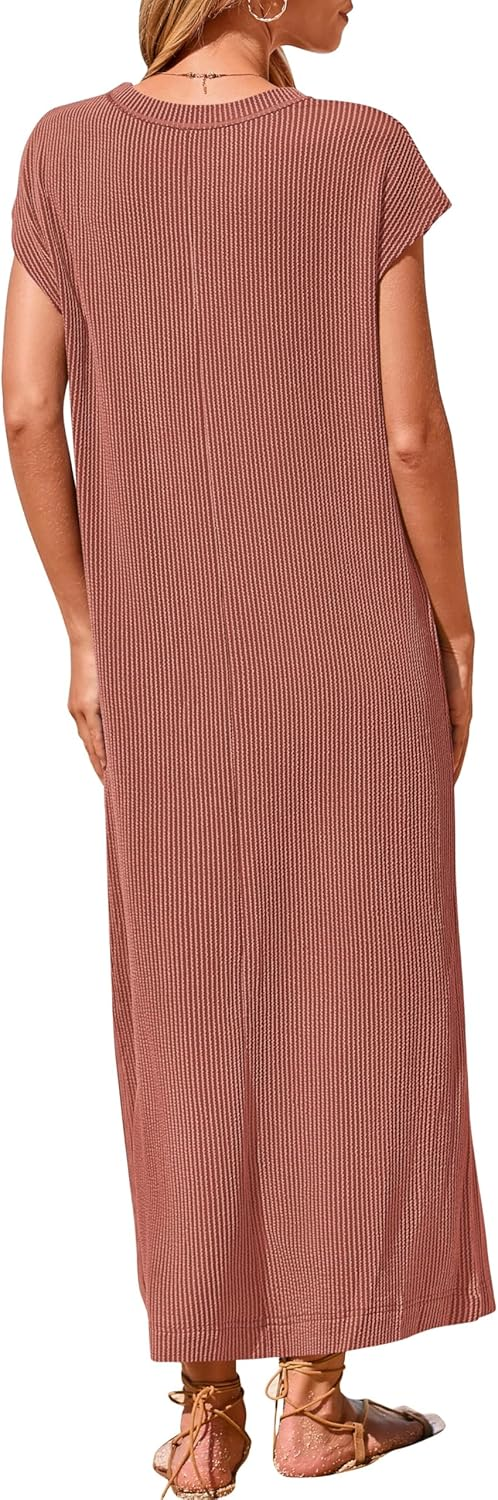 Robe longue fendue boutonnée Henley côtelée pour femme (achetez-en 2, livraison gratuite)