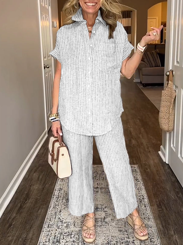 ⏰ DERNIER JOUR -50% 💥Ensemble chemise rayée classique en coton et lin avec poches