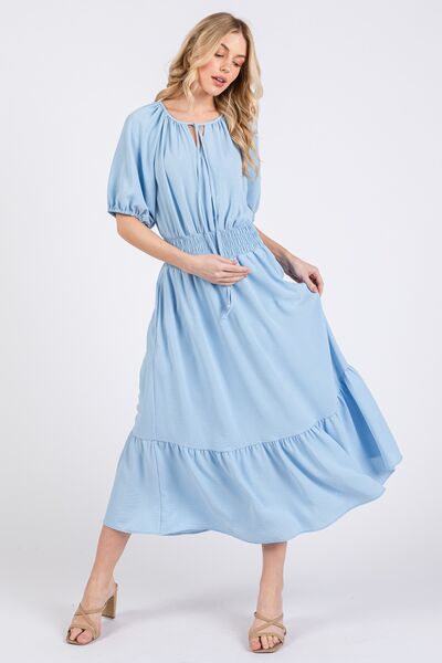 Robe Femme froncée à taille élastiquée, col à nouer et manches bouffantes