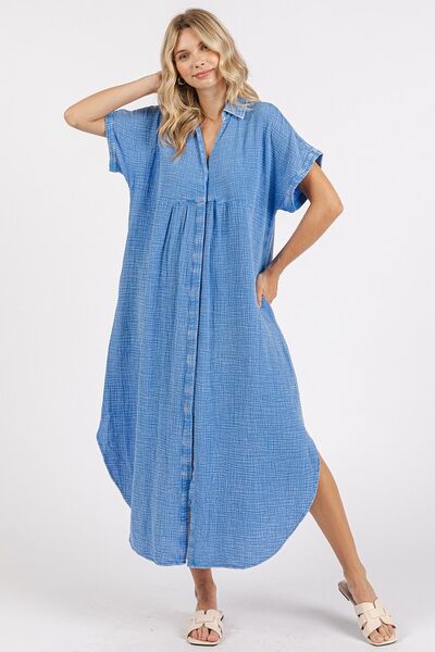 Robe chemise midi boutonnée à col en V délavée Mittoshop