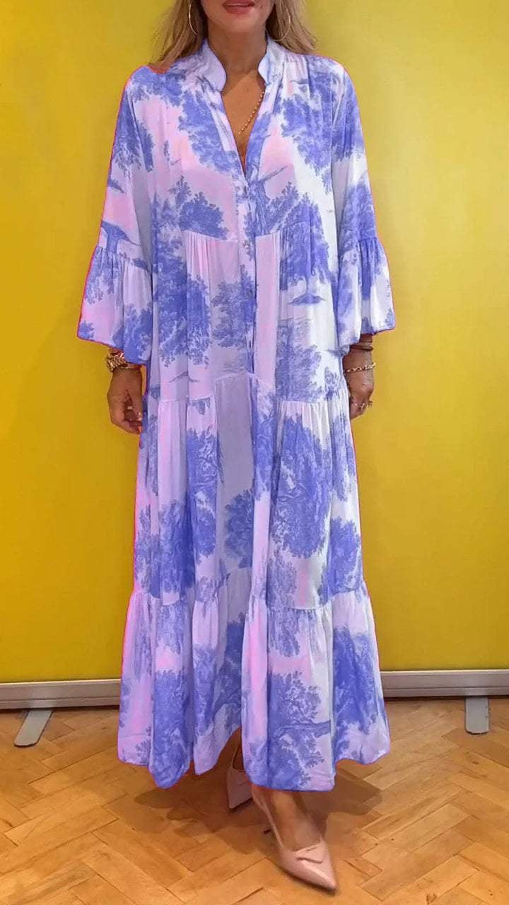 Robe d'été pour femme avec col en V et motif forêt Robe longue