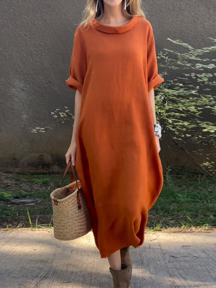 Robe décontractée unie en coton et lin pour femme