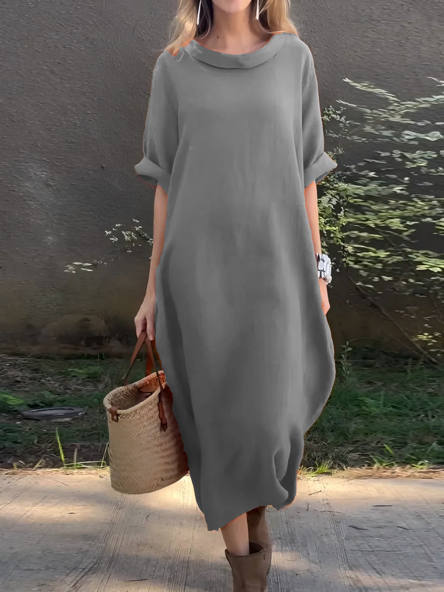 Robe décontractée unie en coton et lin pour femme