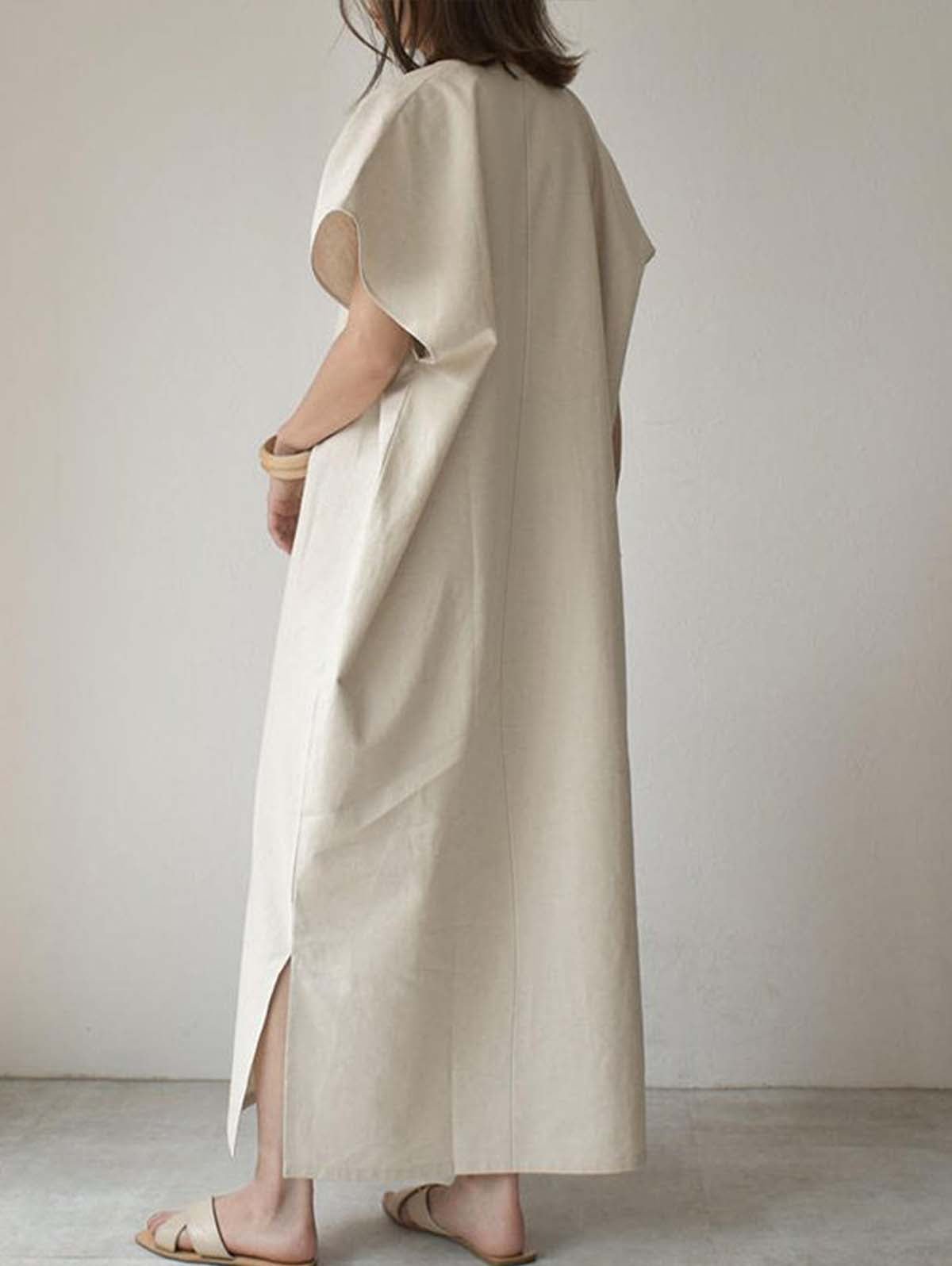 Robe longue fendue à manches chauve-souris, noire et beige, simple