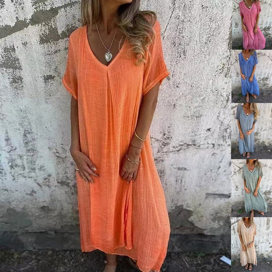 Midi-Kleid aus Baumwolle und Leinen mit V-Ausschnitt