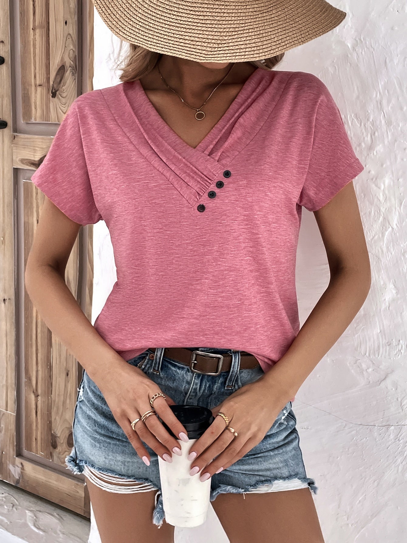 T-shirt col en V boutonné (3 achetés, livraison offerte)